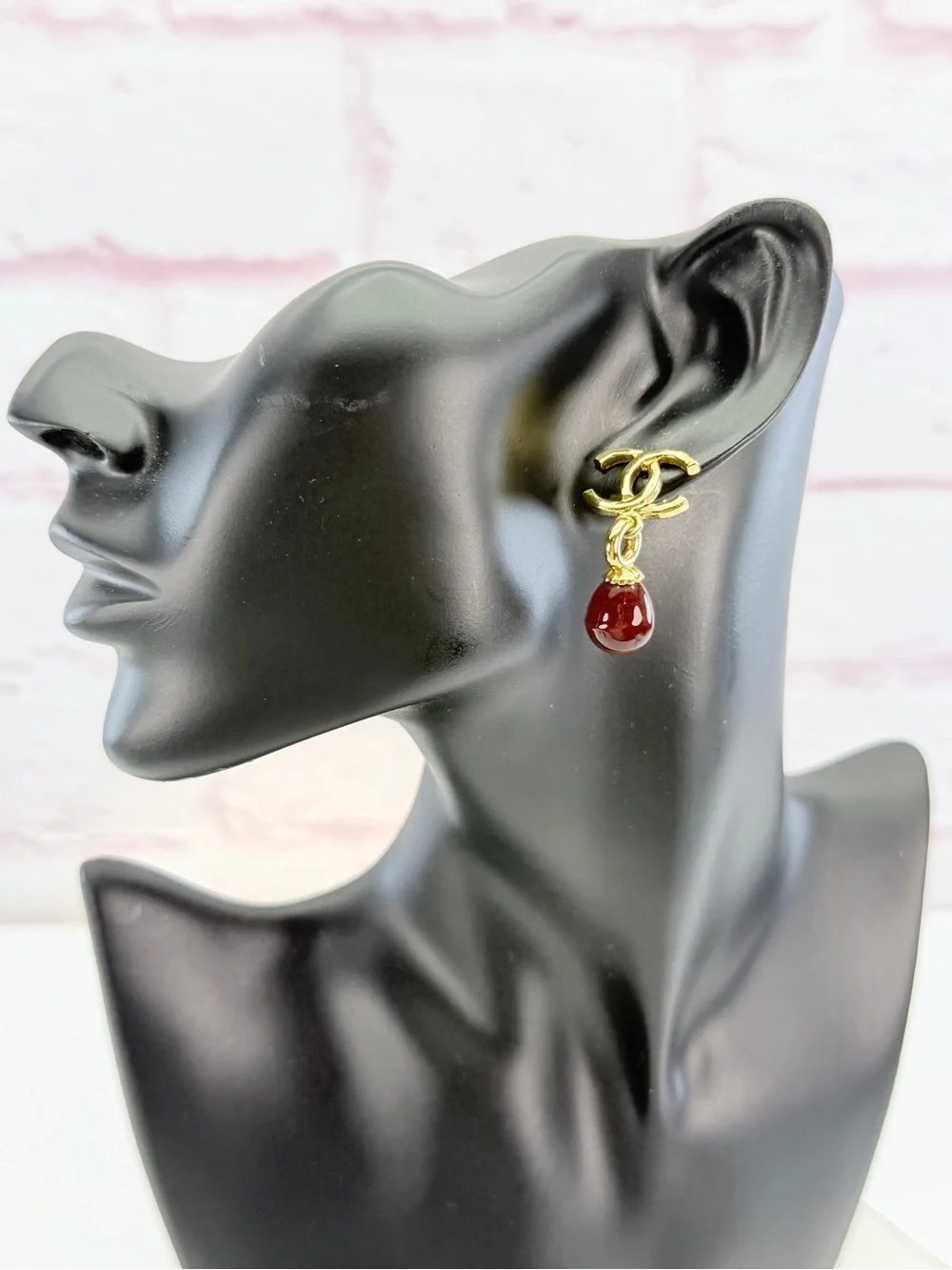 Chanel Gold-Tone CC Drop Earrings with Red Stone 2023